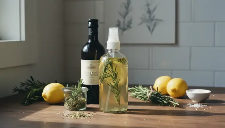 Spray naturale con aceto, rosmarino e limone su un tavolo di legno in cucina