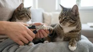 Persona che taglia le unghie a un gatto tigrato mentre un altro gatto osserva