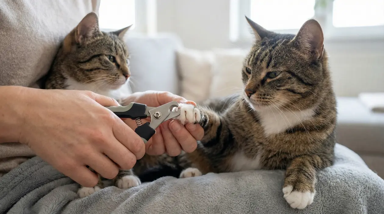 Persona che taglia le unghie a un gatto tigrato mentre un altro gatto osserva