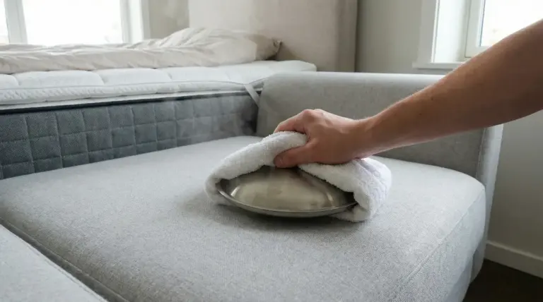 Una mano preme un coperchio avvolto in un panno su un divano chiaro vicino a un materasso