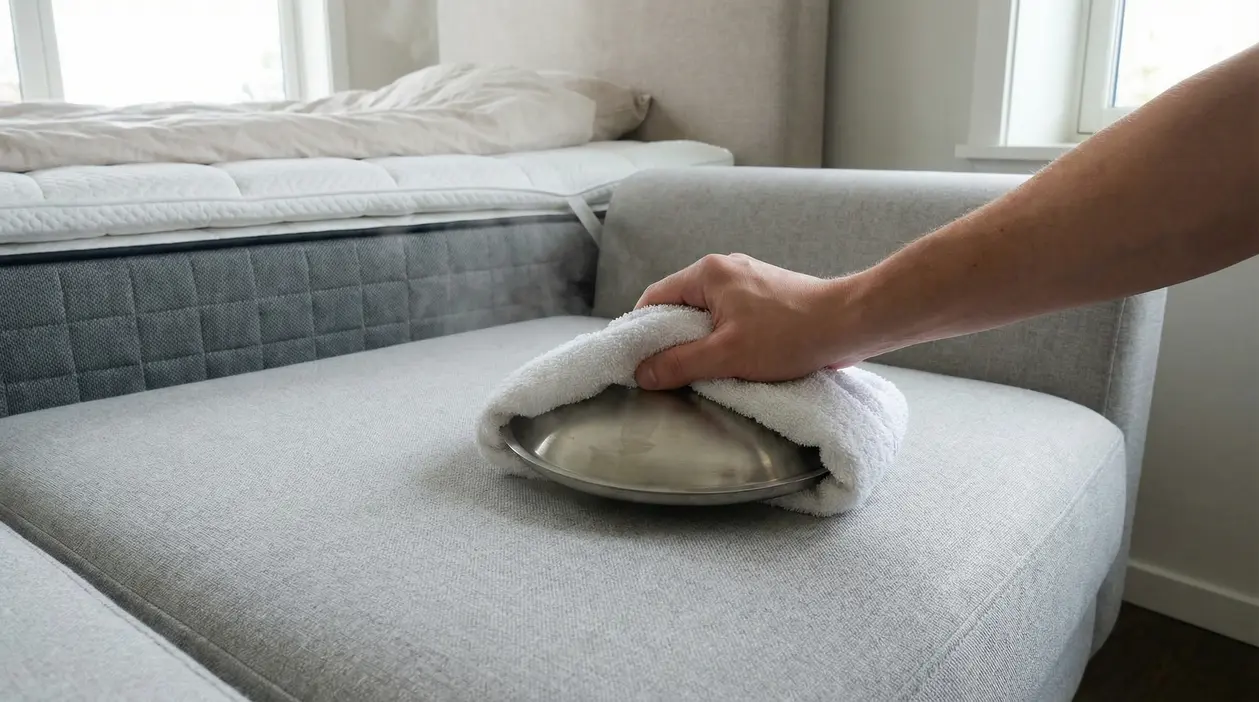 Una mano preme un coperchio avvolto in un panno su un divano chiaro vicino a un materasso