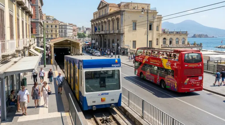 Treno e autobus turistico a Napoli con persone sulla banchina e il Vesuvio sullo sfondo