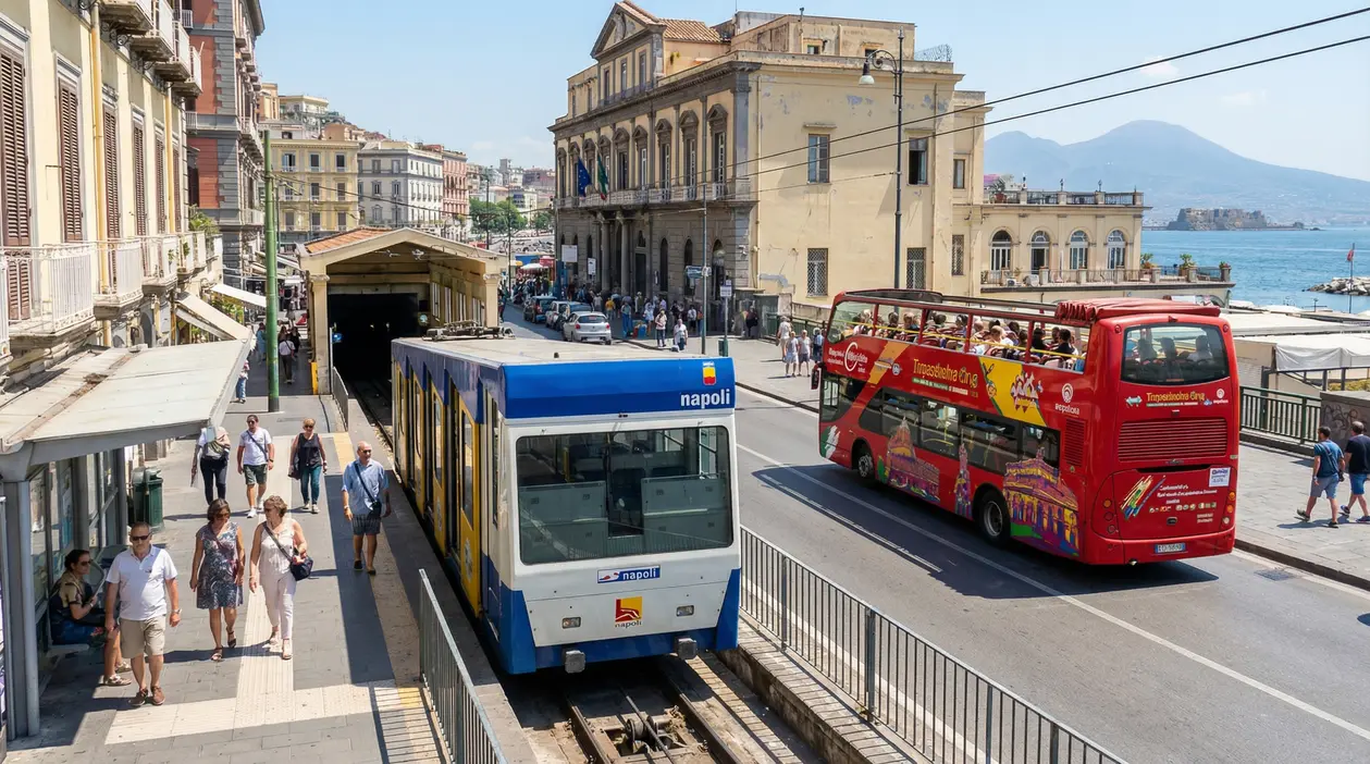 Treno e autobus turistico a Napoli con persone sulla banchina e il Vesuvio sullo sfondo