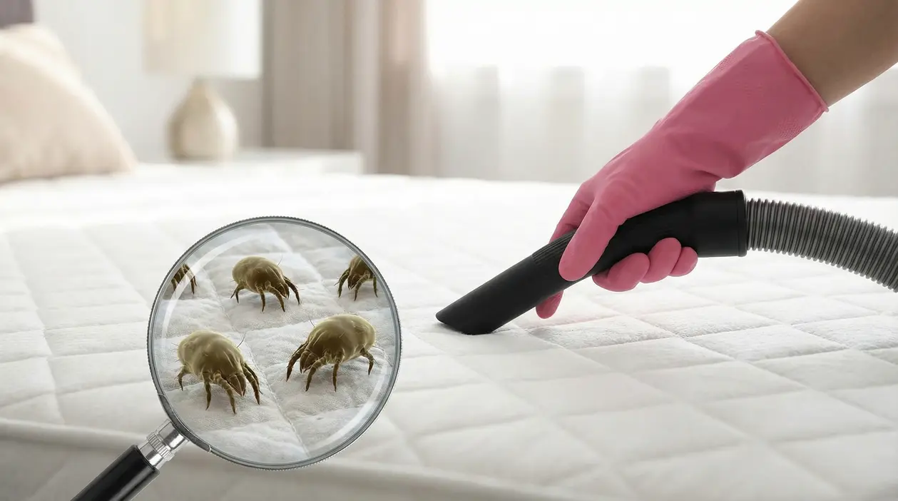 Mano con guanto rosa usa un aspirapolvere su un materasso per rimuovere acari della polvere