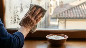 Mano di una persona che pulisce una finestra con condensa e muffa vicino a una ciotola di riso