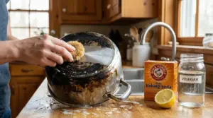 Persona che pulisce il fondo annerito di una pentola con bicarbonato, aceto e limone