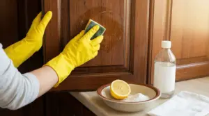 Persona con guanti gialli pulisce un mobile della cucina con una spugna