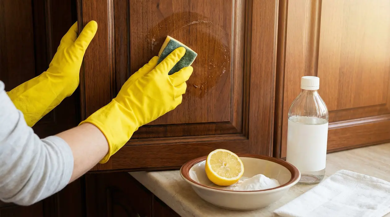 Persona con guanti gialli pulisce un mobile della cucina con una spugna