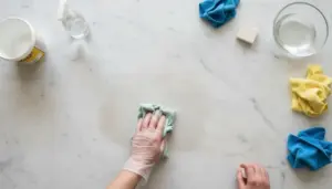 Mano con guanto che lucida una superficie in marmo con un panno