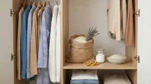 Armadio ordinato con vestiti appesi e rimedi naturali contro la muffa come riso, lavanda e agrumi