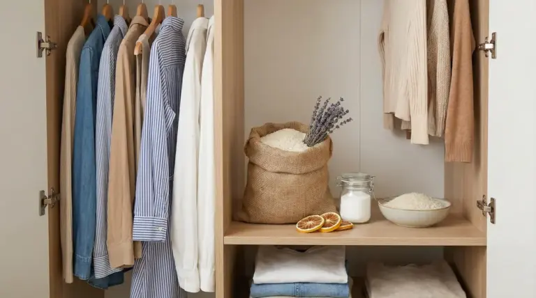 Armadio ordinato con vestiti appesi e rimedi naturali contro la muffa come riso, lavanda e agrumi