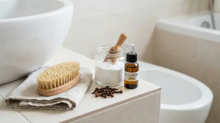 Ingredienti naturali per eliminare cattivi odori in bagno, tra cui bicarbonato, olio essenziale e chiodi di garofano.
