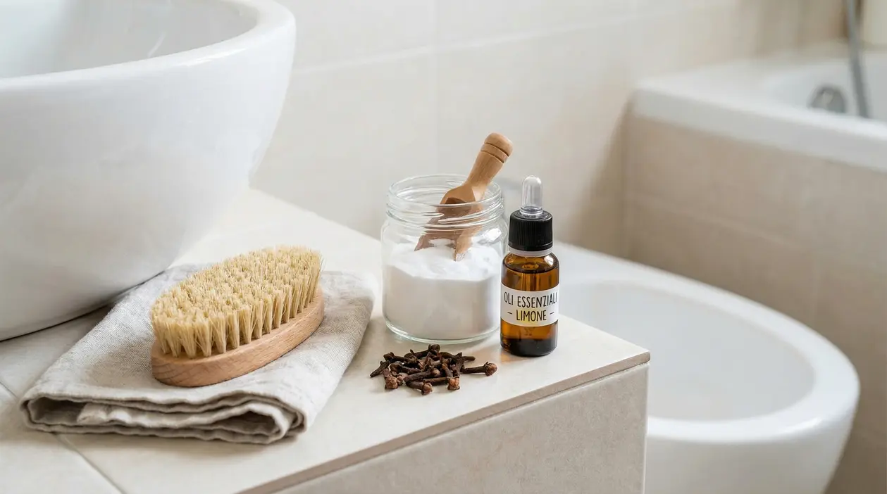 Ingredienti naturali per eliminare cattivi odori in bagno, tra cui bicarbonato, olio essenziale e chiodi di garofano.
