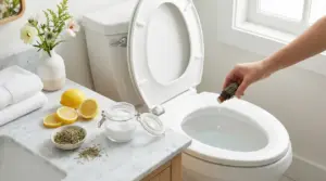 Una mano versa olio essenziale nel WC accanto a limoni, bicarbonato e rosmarino su un lavandino