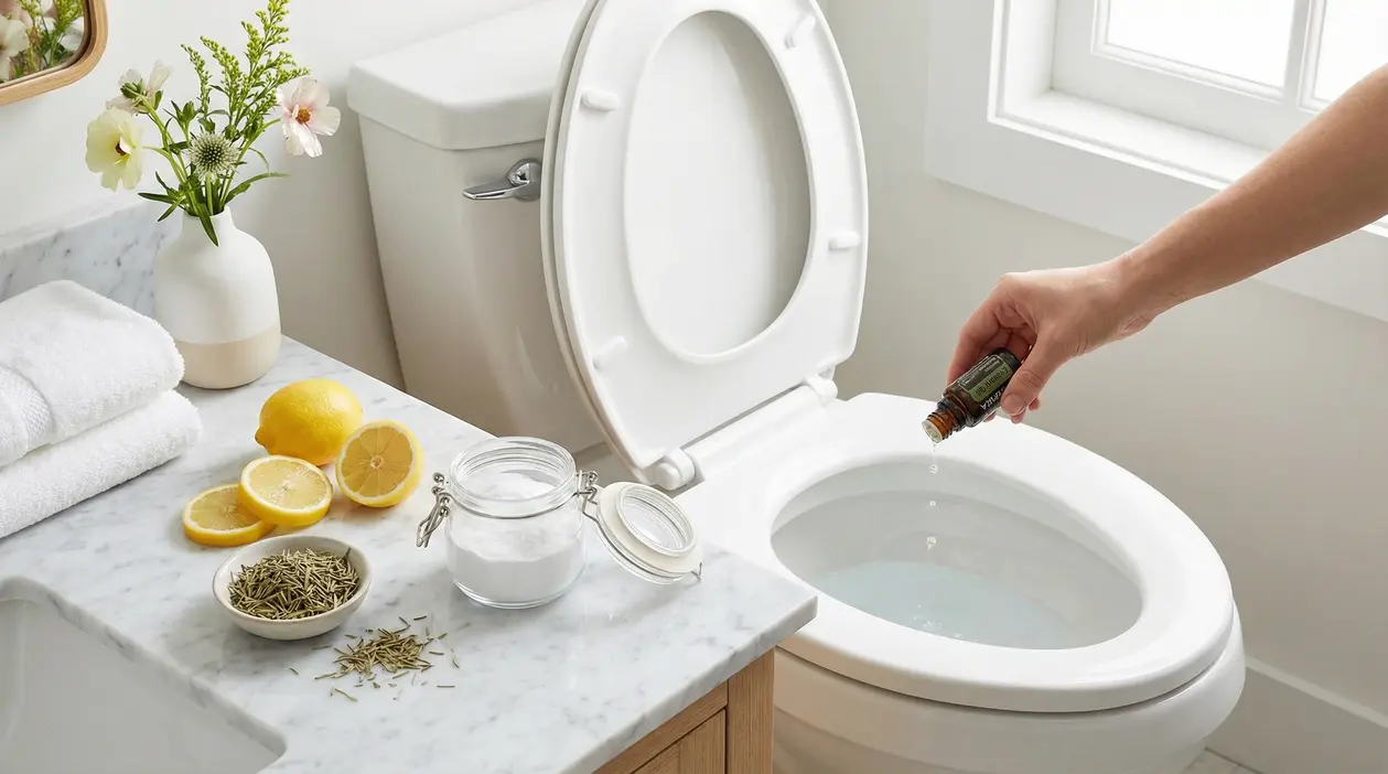 Una mano versa olio essenziale nel WC accanto a limoni, bicarbonato e rosmarino su un lavandino