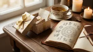 Tavolo con regalo incartato, tazza di tè, candele accese e libro aperto con segni zodiacali