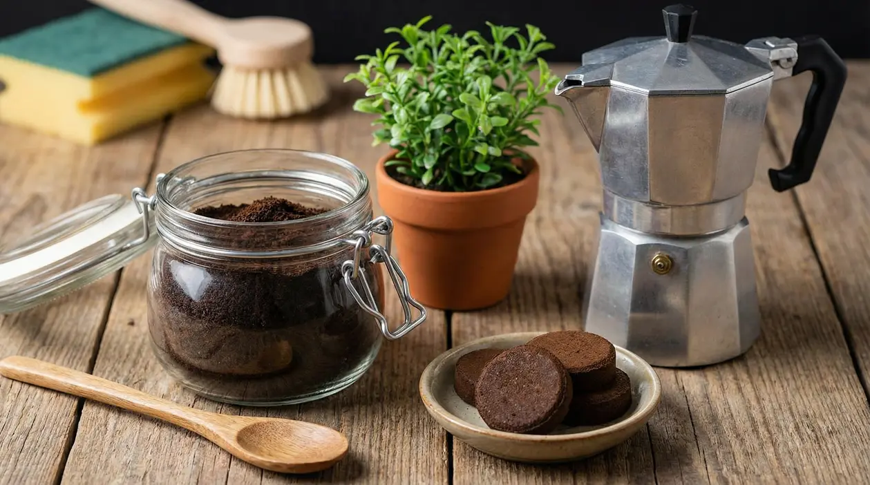 Fondi di caffè in barattolo di vetro accanto a moka, piantina e utensili da cucina