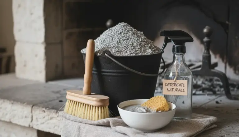Secchio di cenere, spazzola, detergente naturale e spugna su un camino