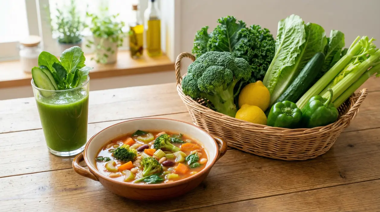 Zuppa di verdure accanto a un frullato verde e un cesto con broccoli, lattuga, sedano e limoni
