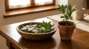 Pianta di alloro in vaso e ciotola con foglie di alloro su un tavolo vicino a una finestra