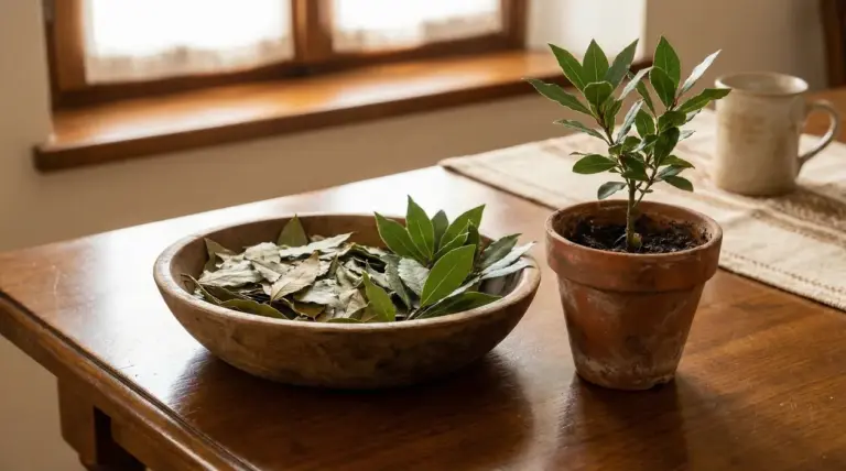 Pianta di alloro in vaso e ciotola con foglie di alloro su un tavolo vicino a una finestra