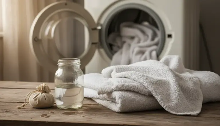 Asciugamani bianchi su un tavolo davanti a una lavatrice aperta, con un barattolo di aceto e un sacchetto di stoffa