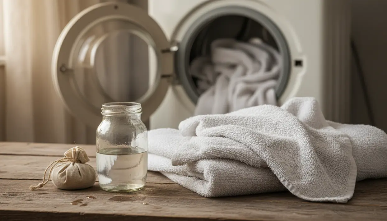 Asciugamani bianchi su un tavolo davanti a una lavatrice aperta, con un barattolo di aceto e un sacchetto di stoffa