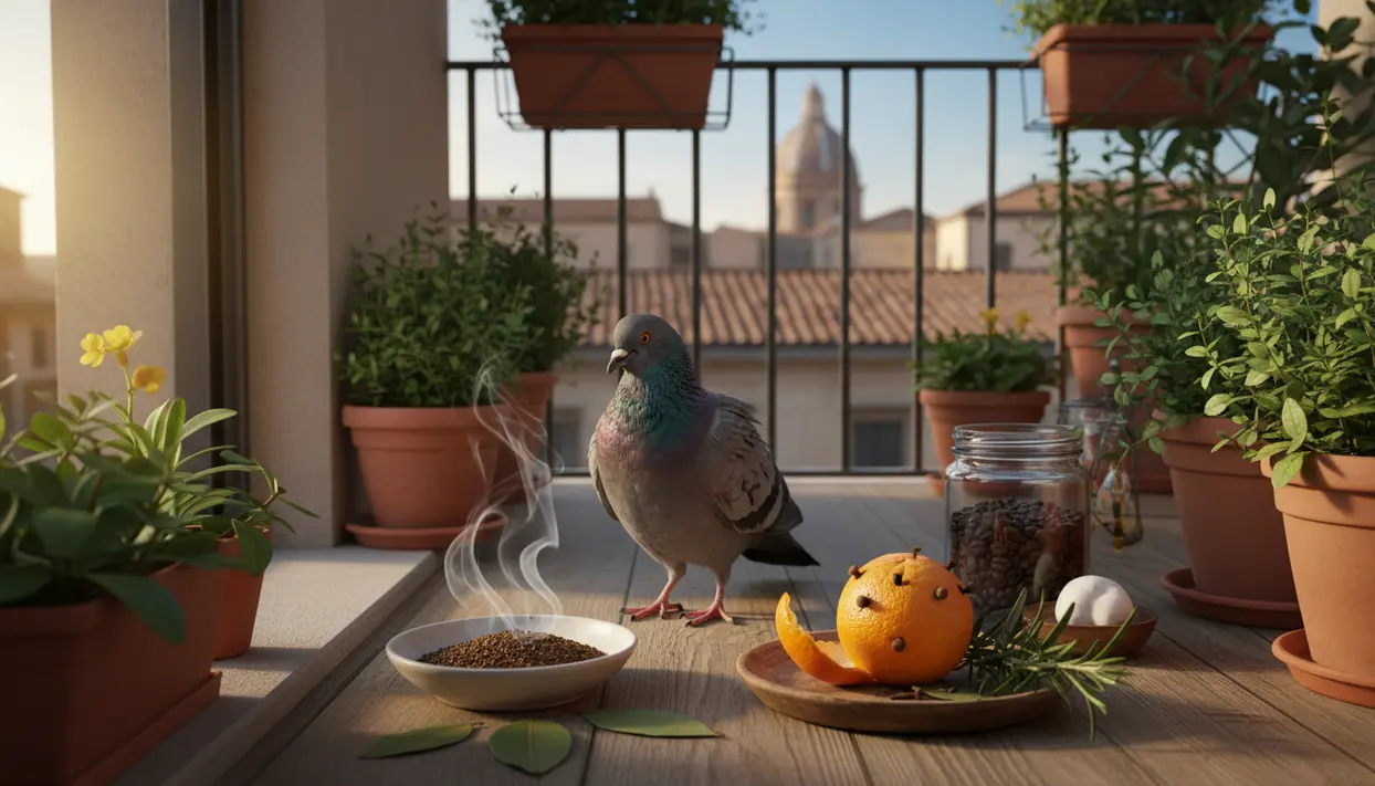 Piccione sul balcone tra vasi e ingredienti naturali profumati, usati come repellente per allontanare i piccioni