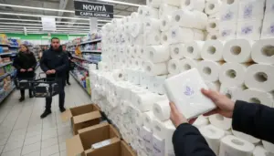 Scaffale di supermercato con grandi pile di carta igienica e clienti con carrello nel corridoio