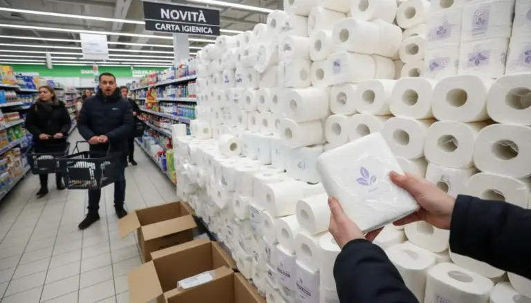 Scaffale di supermercato con grandi pile di carta igienica e clienti con carrello nel corridoio