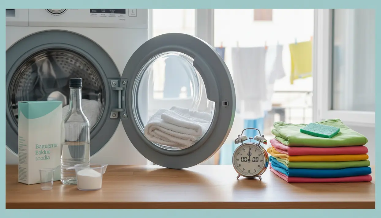 Lavatrice a carica frontale aperta con asciugamani, detersivo, bottiglia e panni piegati su un tavolo