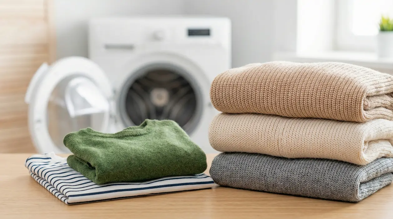Maglioni piegati su un tavolo davanti a una lavatrice a carica frontale, per il recupero dei capi ristretti