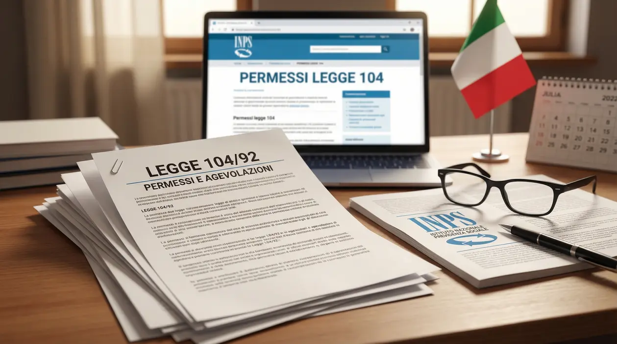 Documenti sulla Legge 104 e portatile con sito INPS su una scrivania, con occhiali e calendario