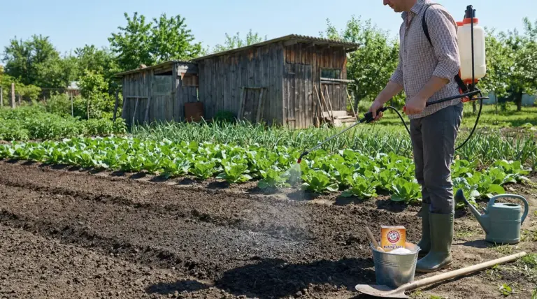 Persona che spruzza una soluzione sul terreno dell’orto con pompa a spalla, prima di piantare le verdure