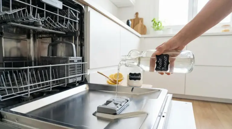 Mano che versa aceto bianco nello scomparto del brillantante della lavastoviglie aperta