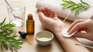 Applicazione di olio di tea tree sul polso con cotton fioc, accanto a flacone contagocce e ciotolina