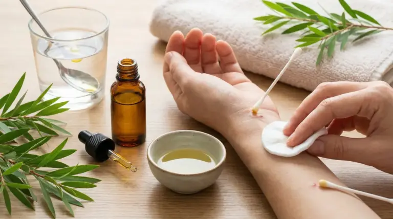 Applicazione di olio di tea tree sul polso con cotton fioc, accanto a flacone contagocce e ciotolina