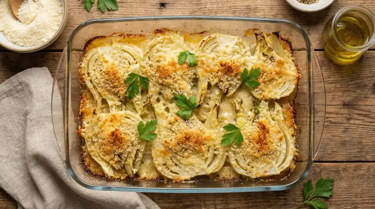 Finocchi al forno gratinati con besciamella e pangrattato dorato, serviti in pirofila con prezzemolo