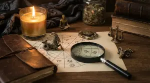 Carta astrologica con simboli dello zodiaco, lente d’ingrandimento, candela accesa e piccoli oggetti su un tavolo