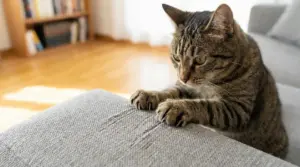 Gatto tigrato che graffia il bracciolo di un divano, lasciando segni sul tessuto in salotto