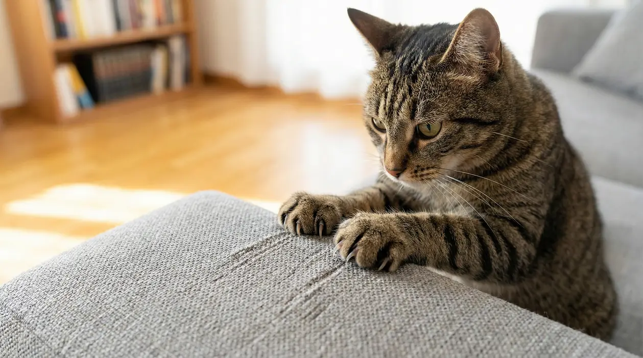 Gatto tigrato che graffia il bracciolo di un divano, lasciando segni sul tessuto in salotto