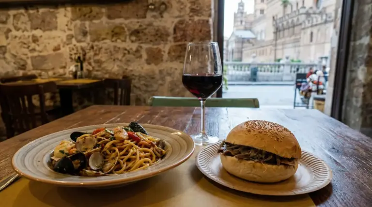 Piatto di pasta ai frutti di mare e panino con calice di vino rosso su tavolo in trattoria a Palermo