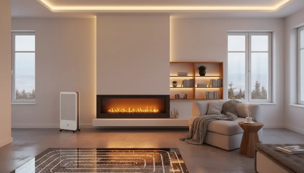 Soggiorno moderno con camino lineare e stufa elettrica portatile, alternativa ai termosifoni per riscaldare casa