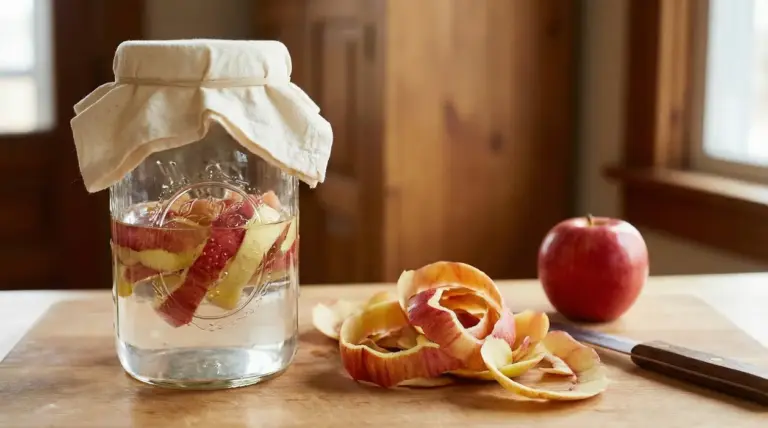 Barattolo di vetro con acqua e bucce di mela, coperto con un panno, su tagliere con mela e coltello
