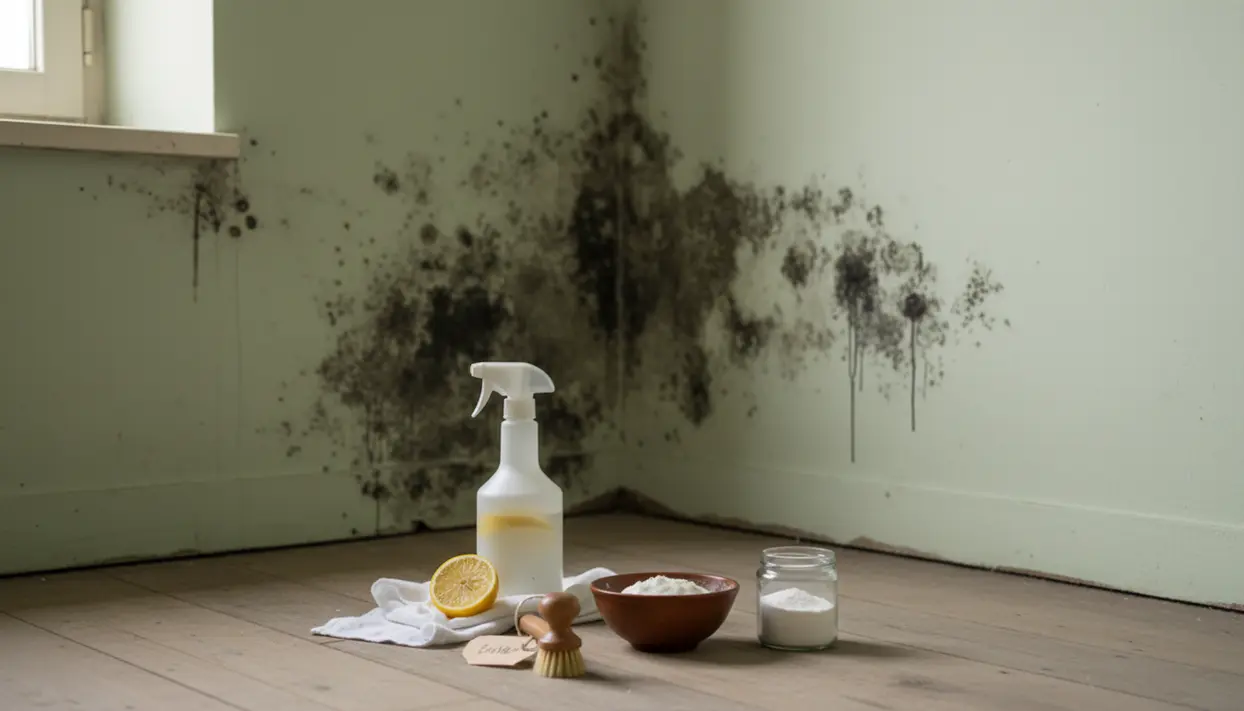 Muffa nera su parete interna e flacone spray con limone e bicarbonato per pulizia naturale senza candeggina