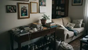 Soggiorno disordinato con console piena di libri e cavi, cornici alle pareti e divano con coperte