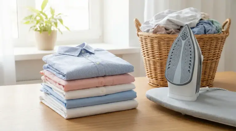 Pila di camicie piegate accanto a un ferro da stiro e un cesto di bucato su un tavolo in casa