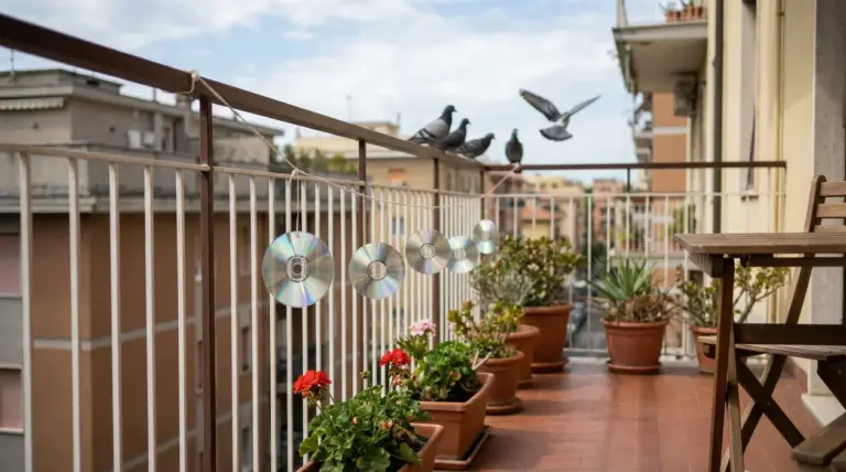 Balcone con vasi di fiori e CD appesi alla ringhiera per tenere lontani i piccioni