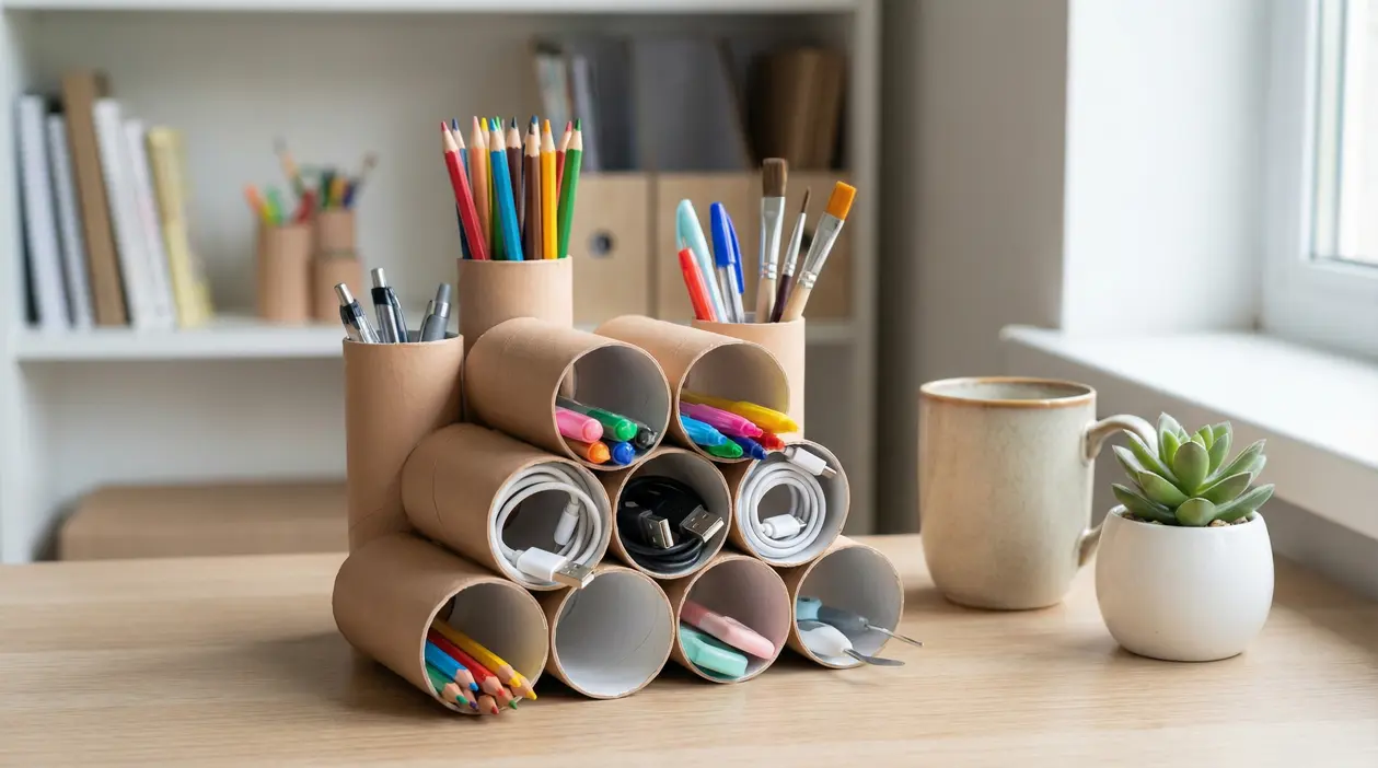 Organizzatore da scrivania fai-da-te con rotoli di carta igienica per penne, matite, pennarelli e cavi